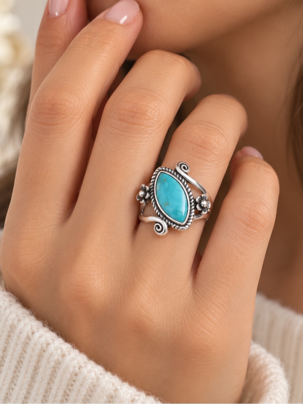 925 Sterling Silver Turquoise Stone Bead Ring Size 9